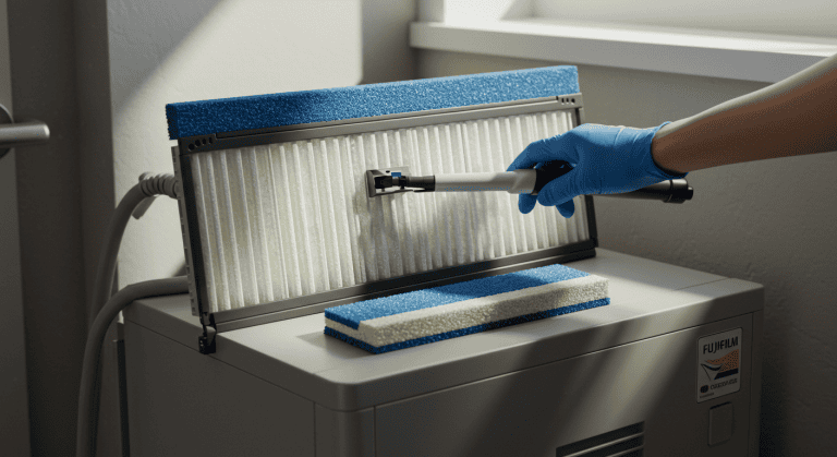 Nettoyage de filtre avec gant bleu et brosse.