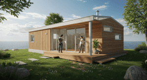 Maison en bois moderne près de la mer.