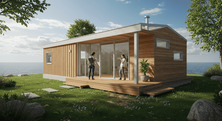Maison en bois moderne près de la mer.