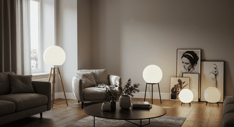 Salon moderne avec décor minimaliste et lampes rondes.