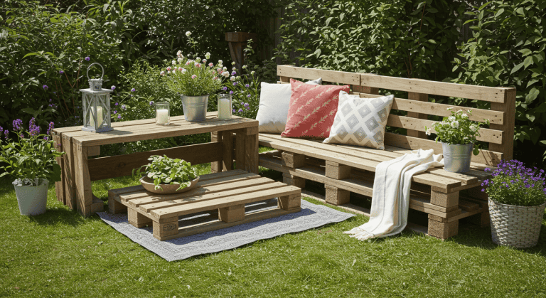 Mobilier de jardin en palettes sur herbe verte.