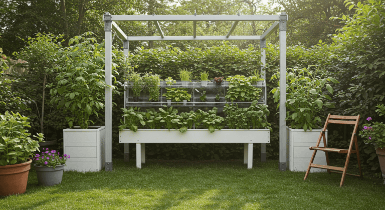 Jardin urbain avec plantes en pots sur pelouse verte.
