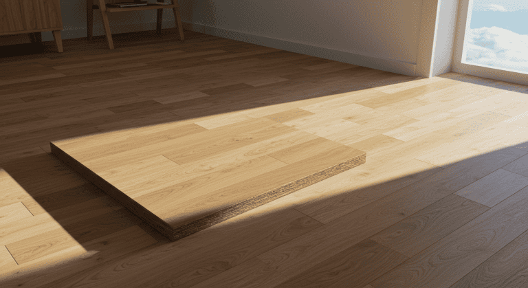 Parquet en bois clair, lumière naturelle.