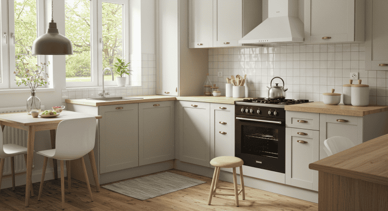 Cuisine moderne avec lumière naturelle.