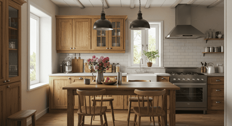 Cuisine moderne avec mobilier en bois, éclairage naturel.