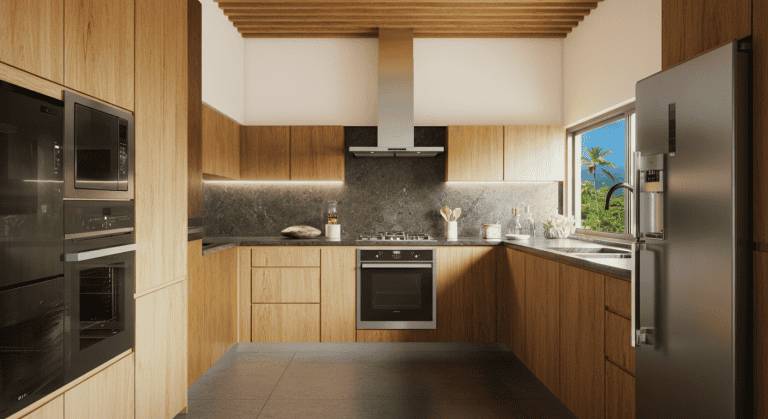 Cuisine moderne en bois avec vue tropicale