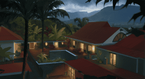 Villa tropicale aux toits rouges au crépuscule