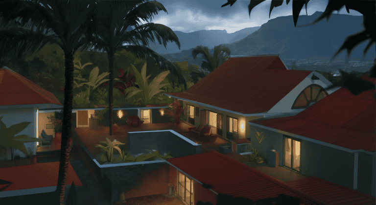 Villa tropicale aux toits rouges au crépuscule