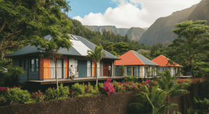 Maisons colorées dans paysage tropical montagneux luxuriant