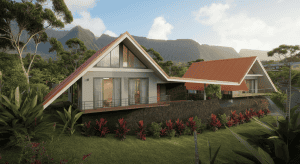 Maison moderne tropicale au pied des montagnes