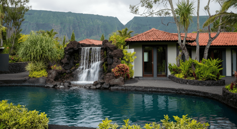 Villa tropicale avec cascade et piscine turquoise