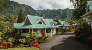 Maisons tropicales au toit vert face aux montagnes