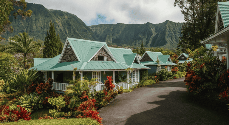 Maisons tropicales au toit vert face aux montagnes