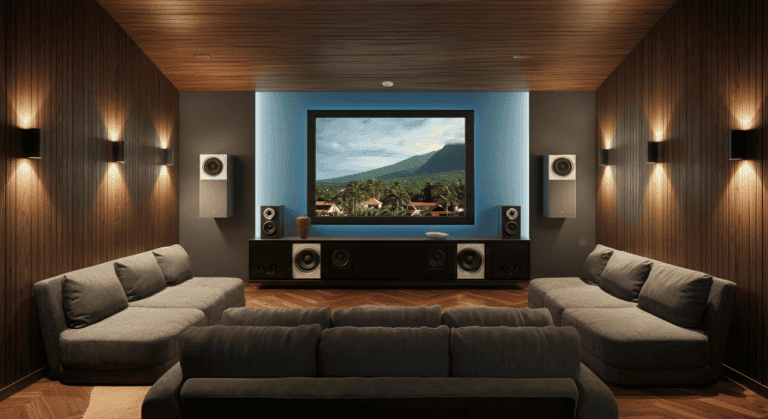 Salle home cinéma moderne avec grand écran
