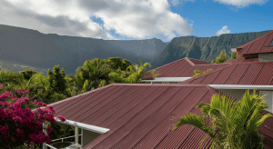 Maisons tropicales aux toits rouges devant montagnes verdoyantes