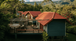 Écolodges aux toits rouges en forêt tropicale
