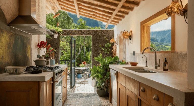 Cuisine rustique ouverte sur terrasse tropicale