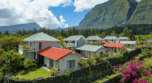 Villas modernes au pied de montagnes verdoyantes