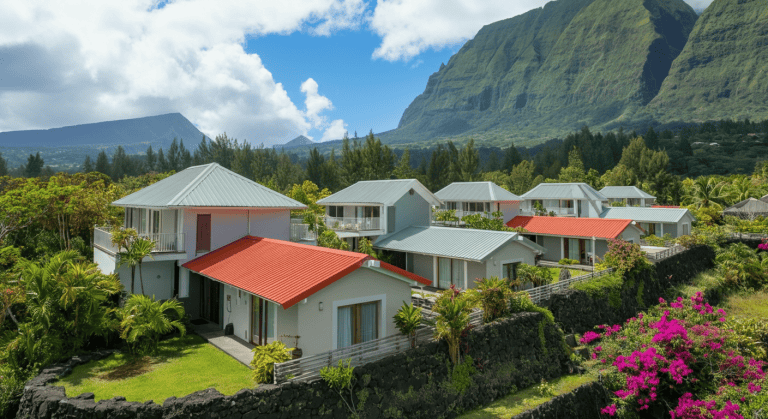 Villas modernes au pied de montagnes verdoyantes