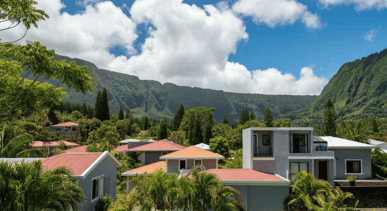 Maisons modernes au pied de montagnes verdoyantes