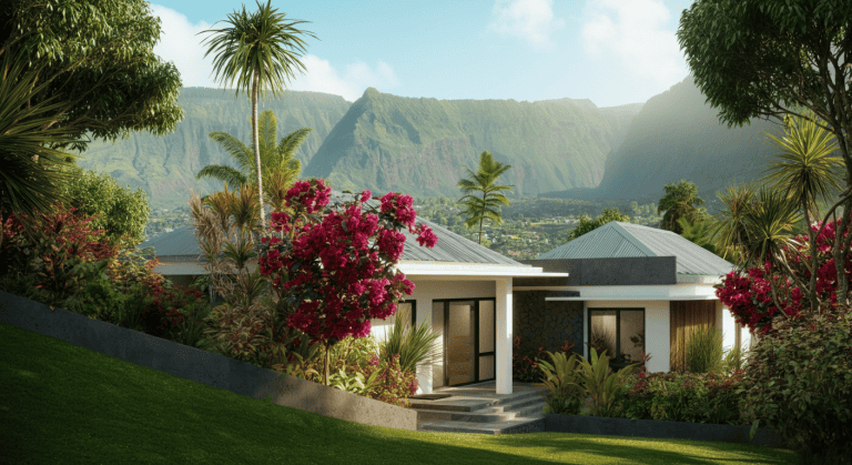 Maison moderne tropicale avec montagnes verdoyantes