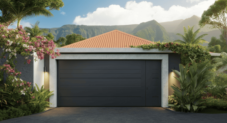 Garage moderne noir entouré de végétation tropicale