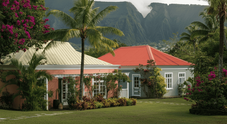Maisons tropicales colorées avec palmiers et montagnes