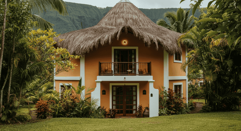 Maison tropicale au toit de chaume luxuriant