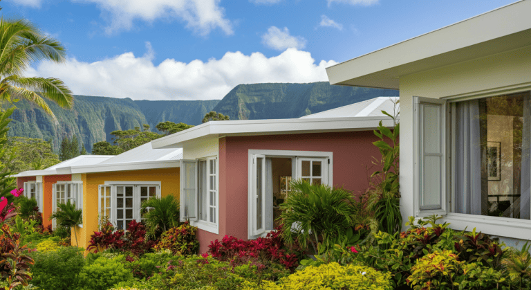 Maisons colorées tropicales face à montagnes verdoyantes