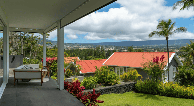 Terrasse couverte vue jardin tropical et montagnes