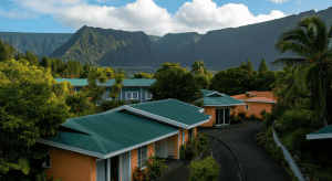 Maisons tropicales au pied de montagnes verdoyantes
