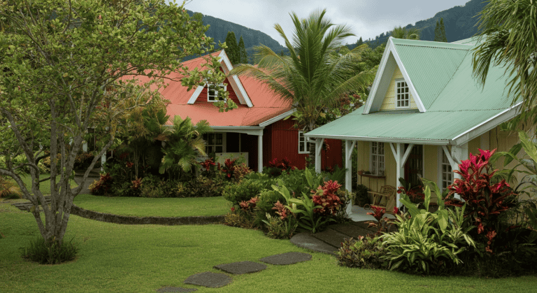 Maisons tropicales colorées entourées de jardin luxuriant