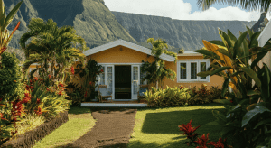 Maison tropicale jaune avec jardin luxuriant et montagnes