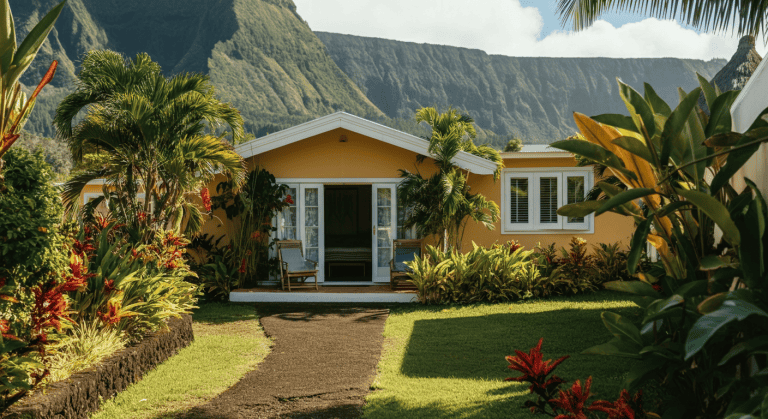 Maison tropicale jaune avec jardin luxuriant et montagnes
