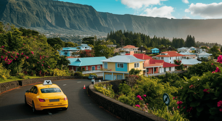 Taxi jaune sur route tropicale montagneuse
