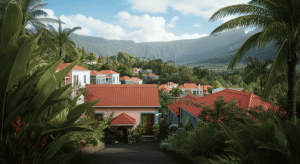 Maisons tropicales aux toits rouges et montagnes verdoyantes