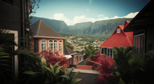 Maisons colorées face à montagnes tropicales verdoyantes