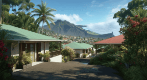 Maisons tropicales au pied d’une montagne verdoyante