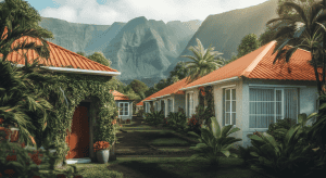 Villas tropicales aux toits rouges face aux montagnes