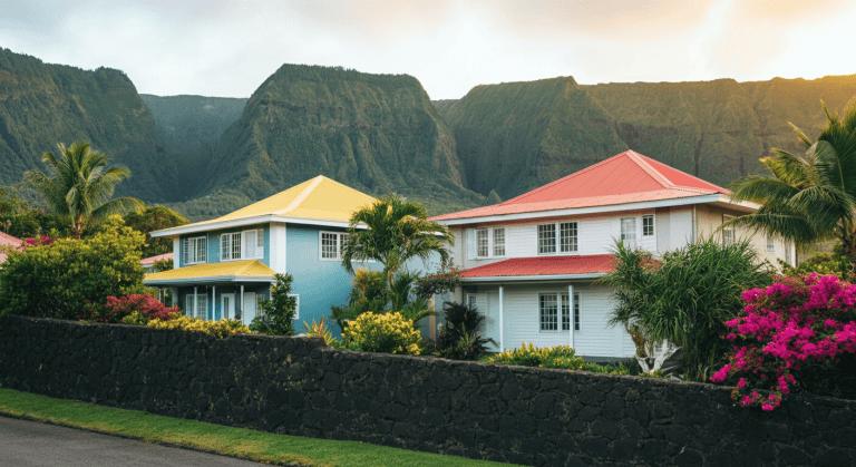 Maisons tropicales colorées devant montagnes verdoyantes