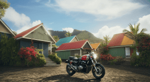 Moto devant maisons colorées tropicales
