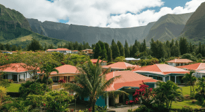 Maisons tropicales aux toits rouges devant montagnes verdoyantes