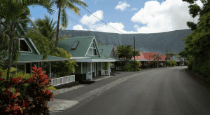 Rue tropicale bordée de maisons colorées et palmiers
