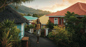 Femme marchant dans village tropical coloré au coucher du soleil