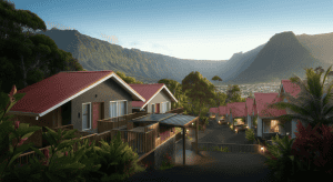 Villas tropicales aux toits rouges face aux montagnes