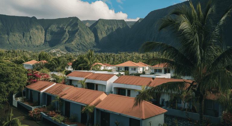 Maisons tropicales aux toits rouges et montagnes verdoyantes