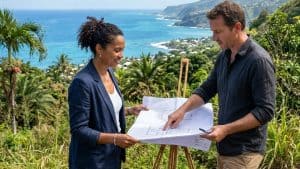 Deux professionnels examinant des plans face à l’océan