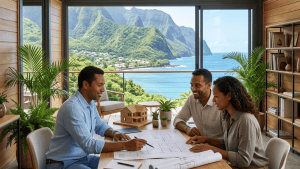 Couple et architecte examinant plans maison vue mer