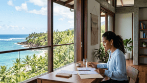 Femme travaillant face à une vue tropicale.