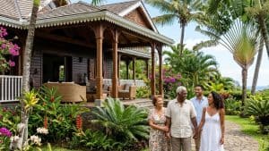 Famille marchant devant villa tropicale luxuriante